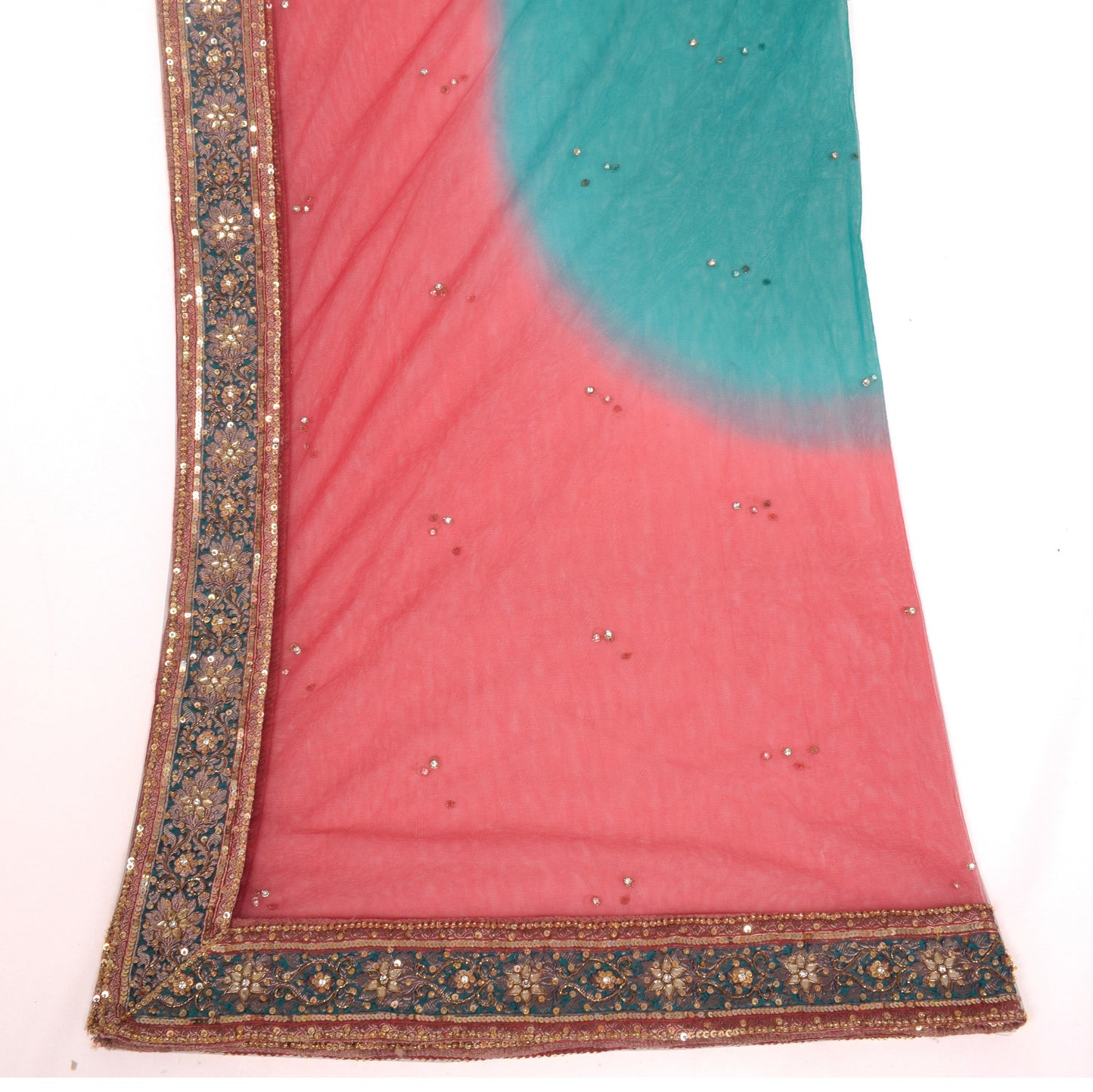 Sushila Vintage Teal Blue Pink Dupatta Net Mesh Hand Beaded Wedding Long Stole
