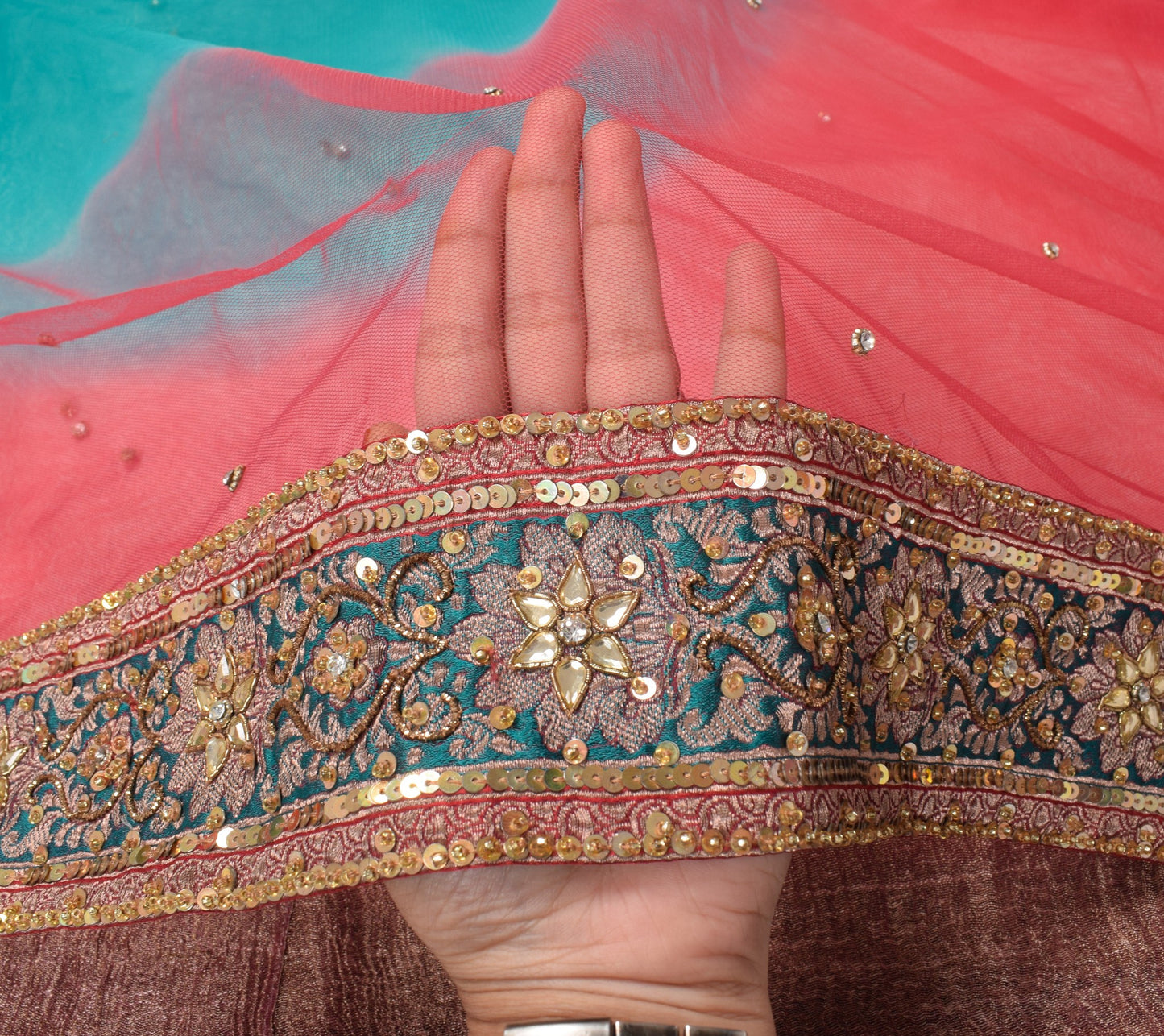 Sushila Vintage Teal Blue Pink Dupatta Net Mesh Hand Beaded Wedding Long Stole
