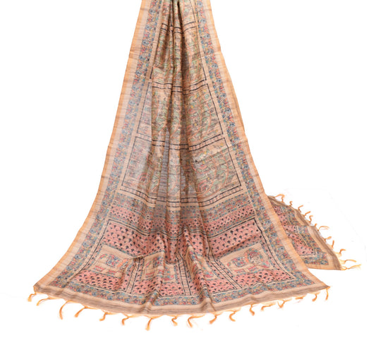Sushila Vintage Madhubani Printed Dupatta Brown Art Silk Handmade Long Stole