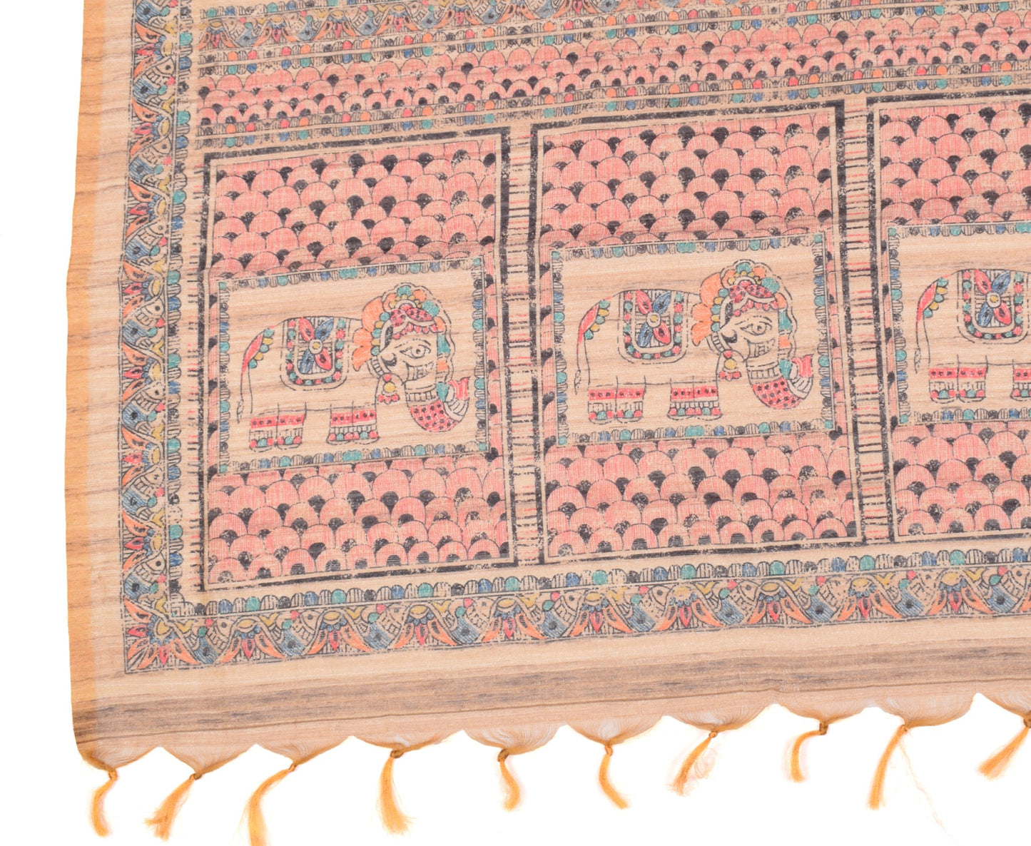 Sushila Vintage Madhubani Printed Dupatta Brown Art Silk Handmade Long Stole