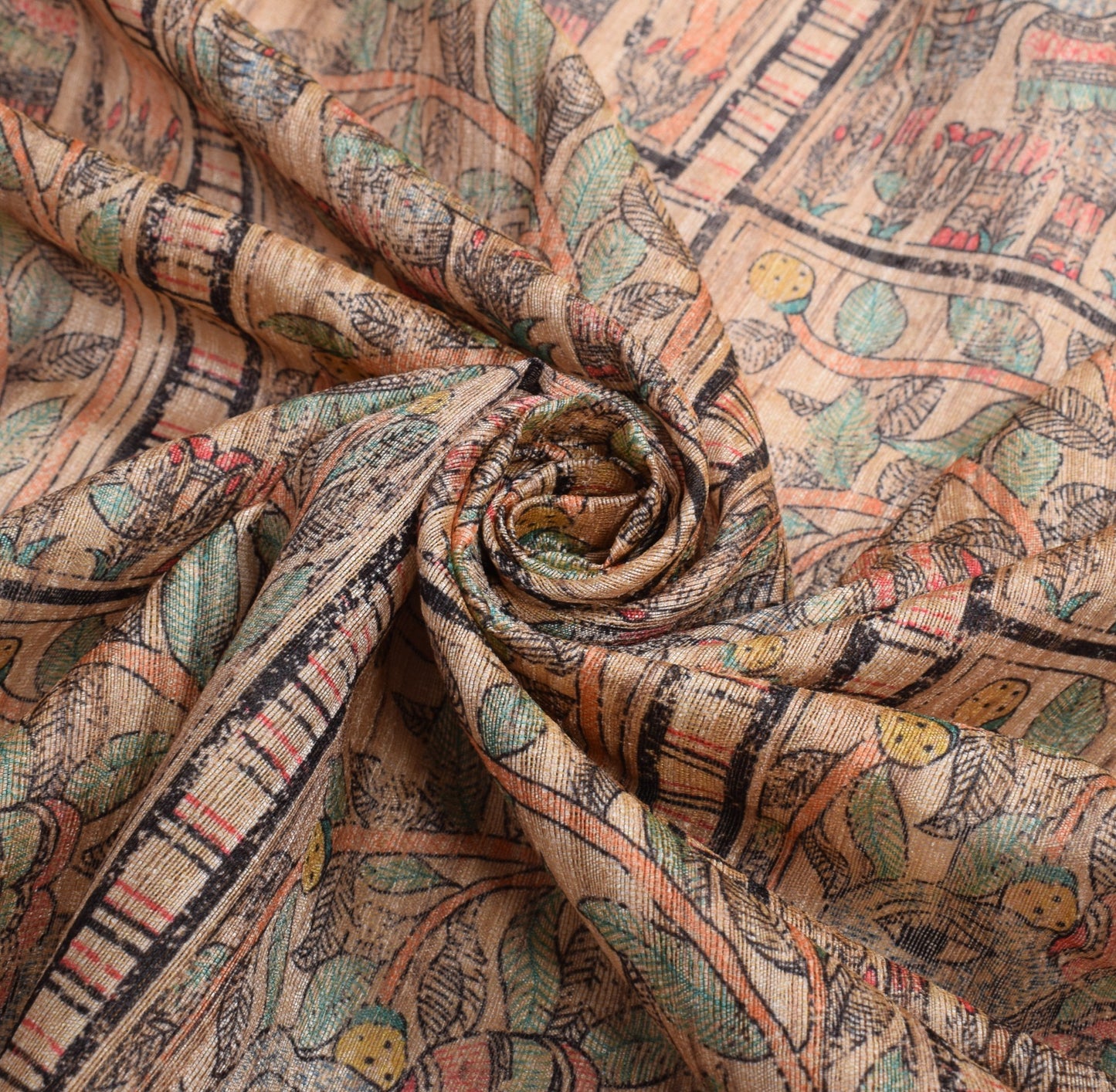 Sushila Vintage Madhubani Printed Dupatta Brown Art Silk Handmade Long Stole
