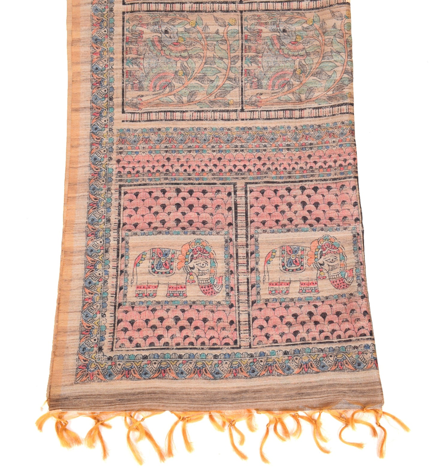 Sushila Vintage Madhubani Printed Dupatta Brown Art Silk Handmade Long Stole