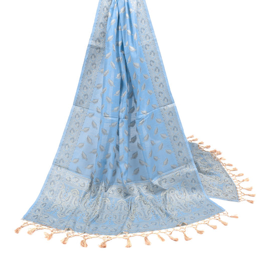 Sushila Vintage Sky Blue Dupatta Art Cotton Silk Banarasi Woven Leaf Long Stole