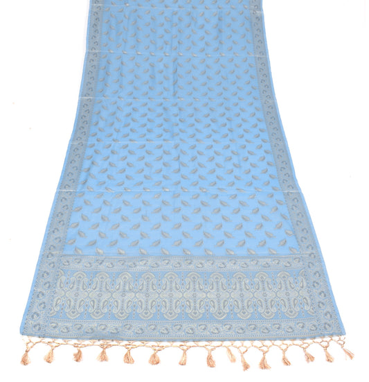 Sushila Vintage Sky Blue Dupatta Art Cotton Silk Banarasi Woven Leaf Long Stole