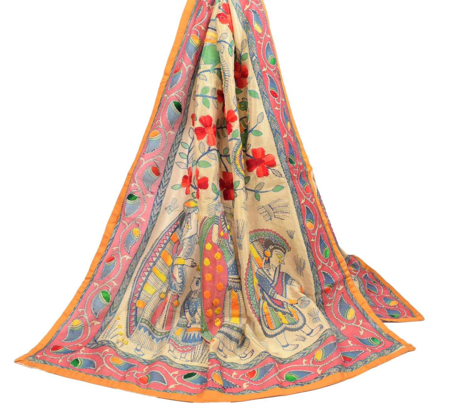 Sushila Vintage Beige Handmade Dupatta Madhubani Art Silk Cotton Long Stole