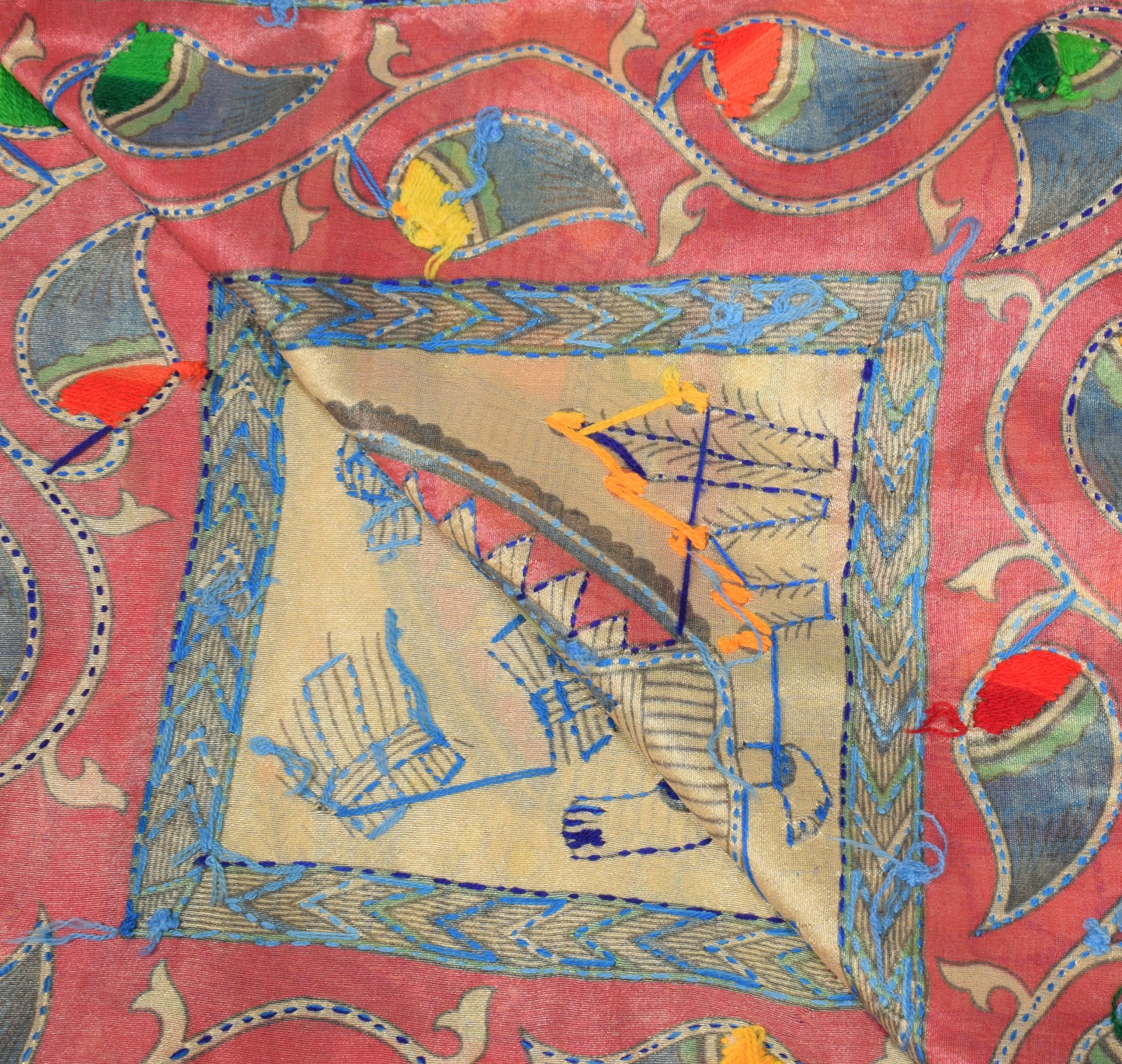 Sushila Vintage Beige Handmade Dupatta Madhubani Art Silk Cotton Long Stole