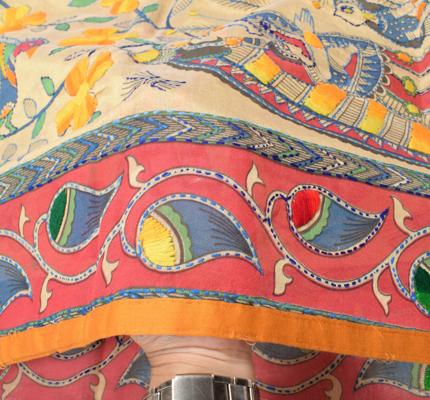 Sushila Vintage Beige Handmade Dupatta Madhubani Art Silk Cotton Long Stole