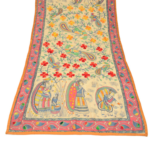 Sushila Vintage Beige Handmade Dupatta Madhubani Art Silk Cotton Long Stole