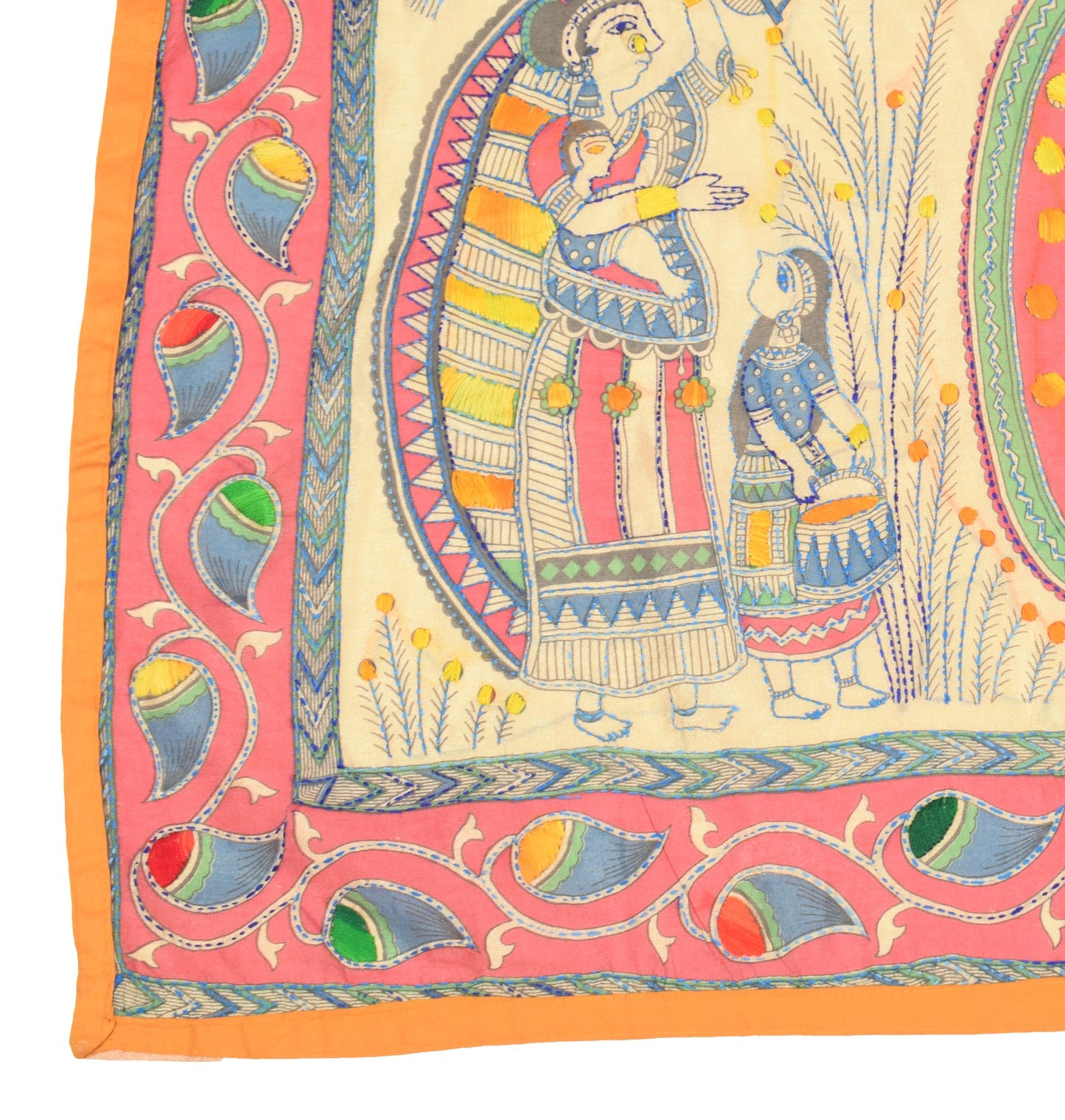 Sushila Vintage Beige Handmade Dupatta Madhubani Art Silk Cotton Long Stole