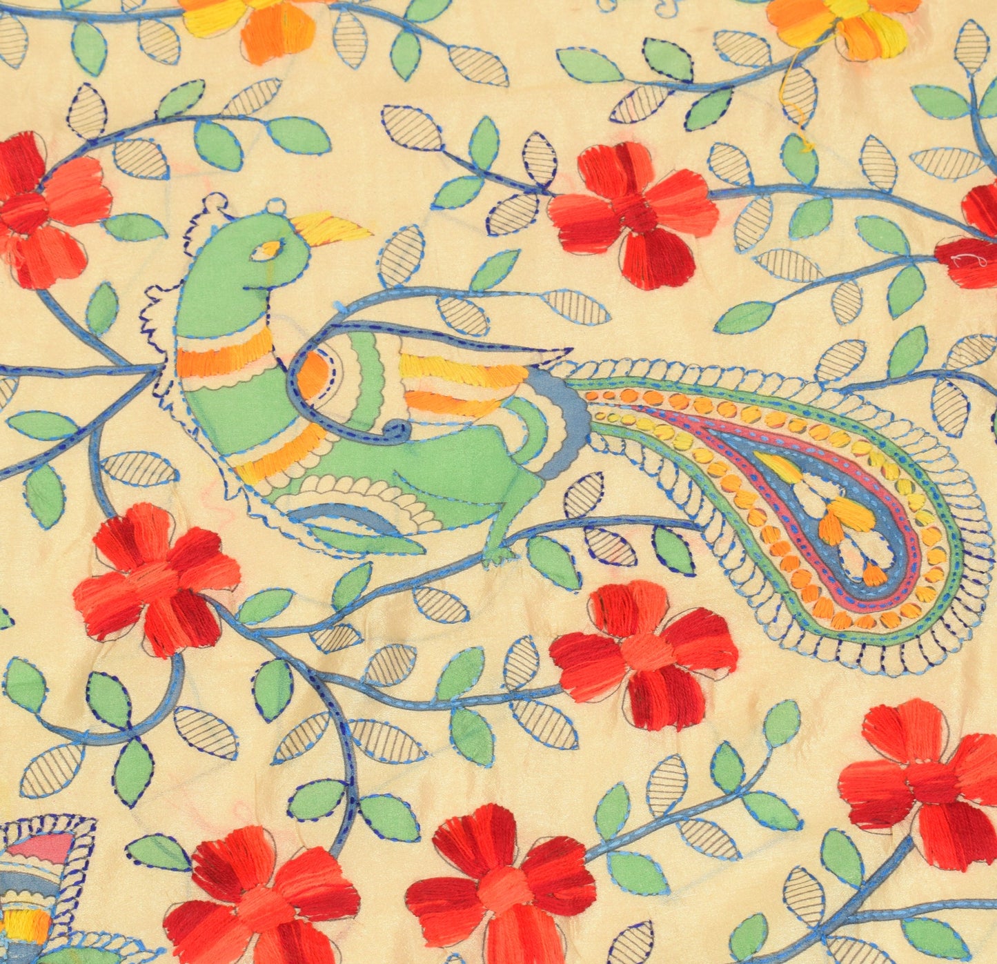 Sushila Vintage Beige Handmade Dupatta Madhubani Art Silk Cotton Long Stole