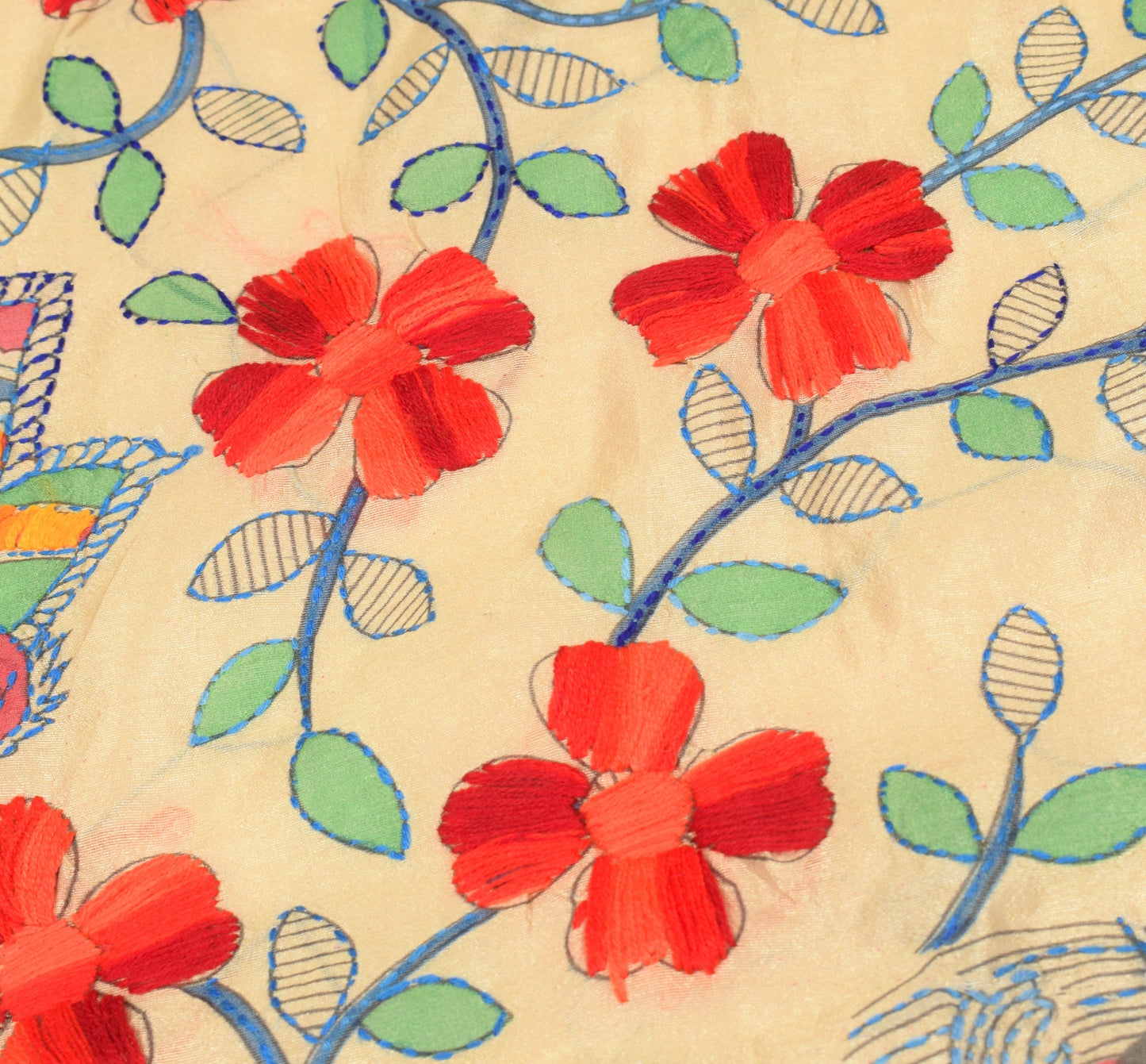 Sushila Vintage Beige Handmade Dupatta Madhubani Art Silk Cotton Long Stole