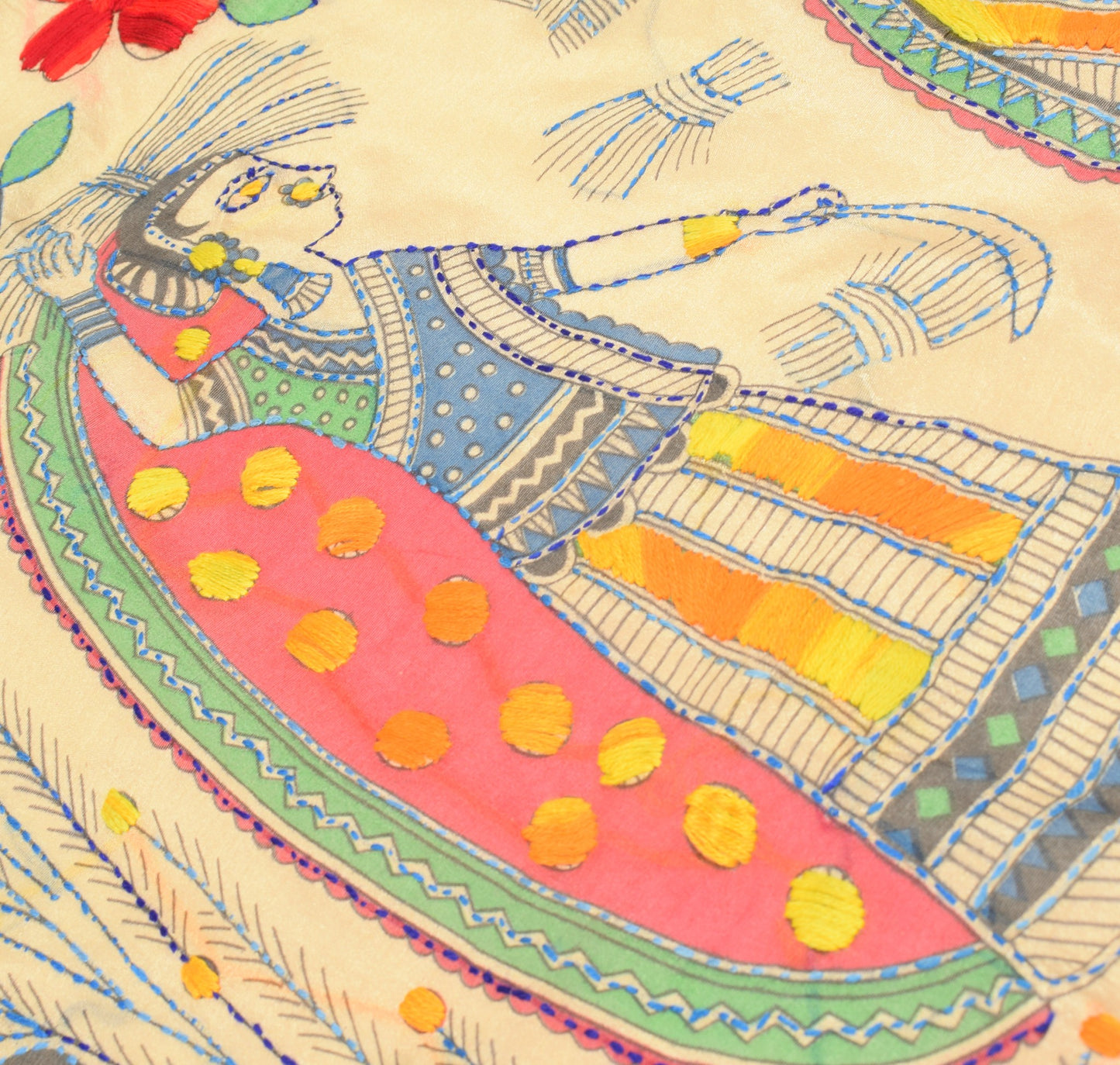 Sushila Vintage Beige Handmade Dupatta Madhubani Art Silk Cotton Long Stole