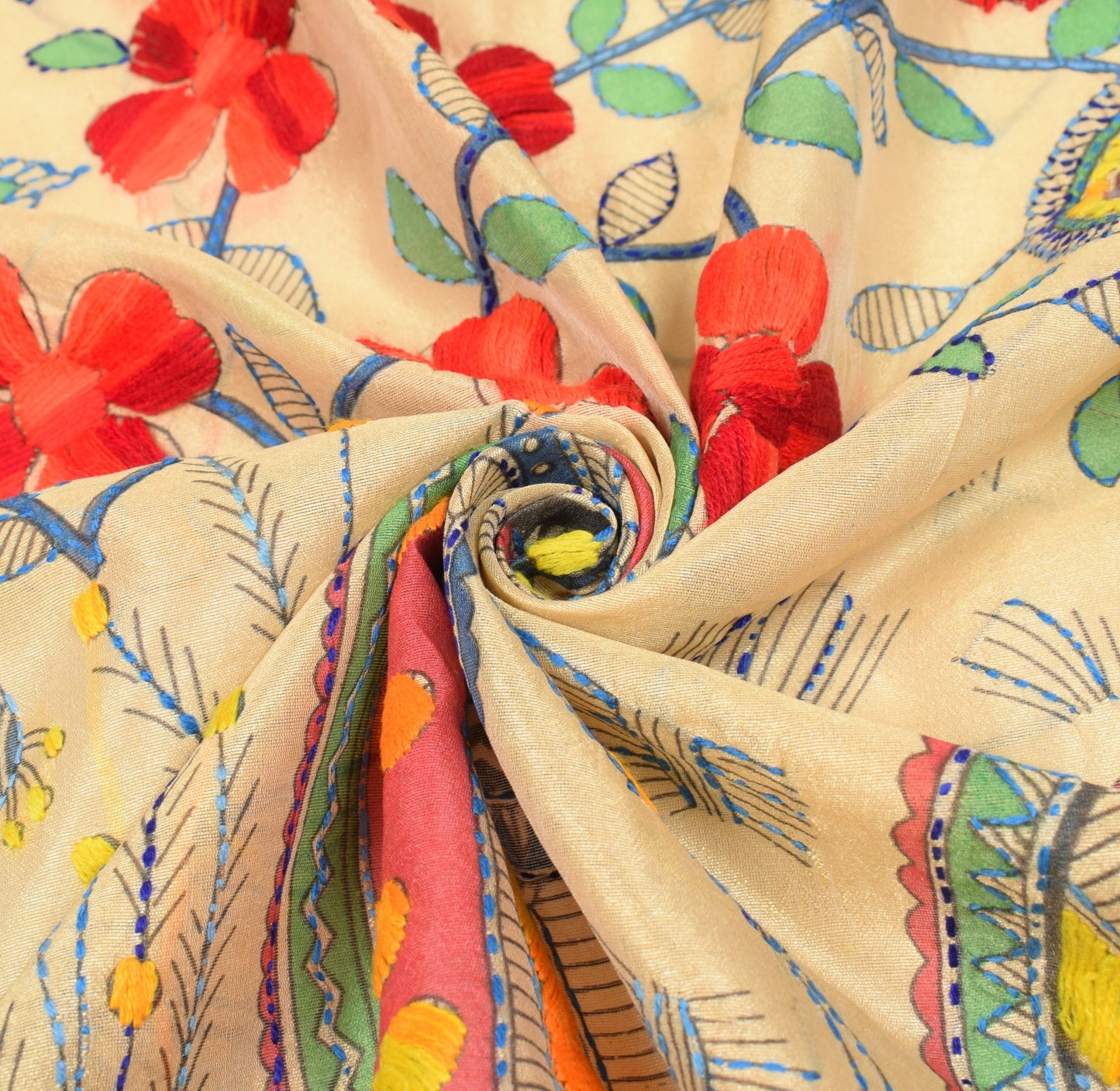 Sushila Vintage Beige Handmade Dupatta Madhubani Art Silk Cotton Long Stole