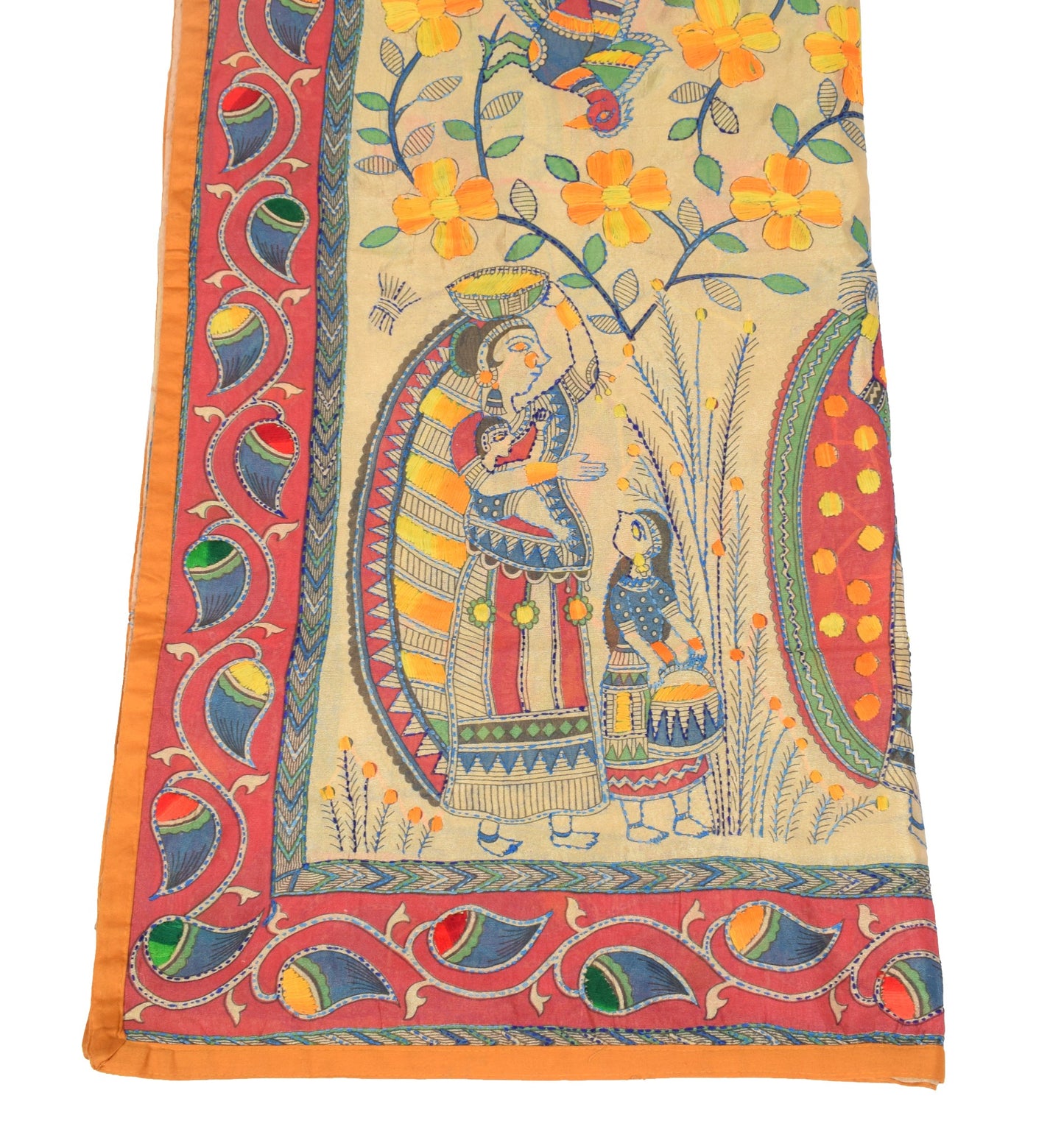 Sushila Vintage Beige Handmade Dupatta Madhubani Art Silk Cotton Long Stole