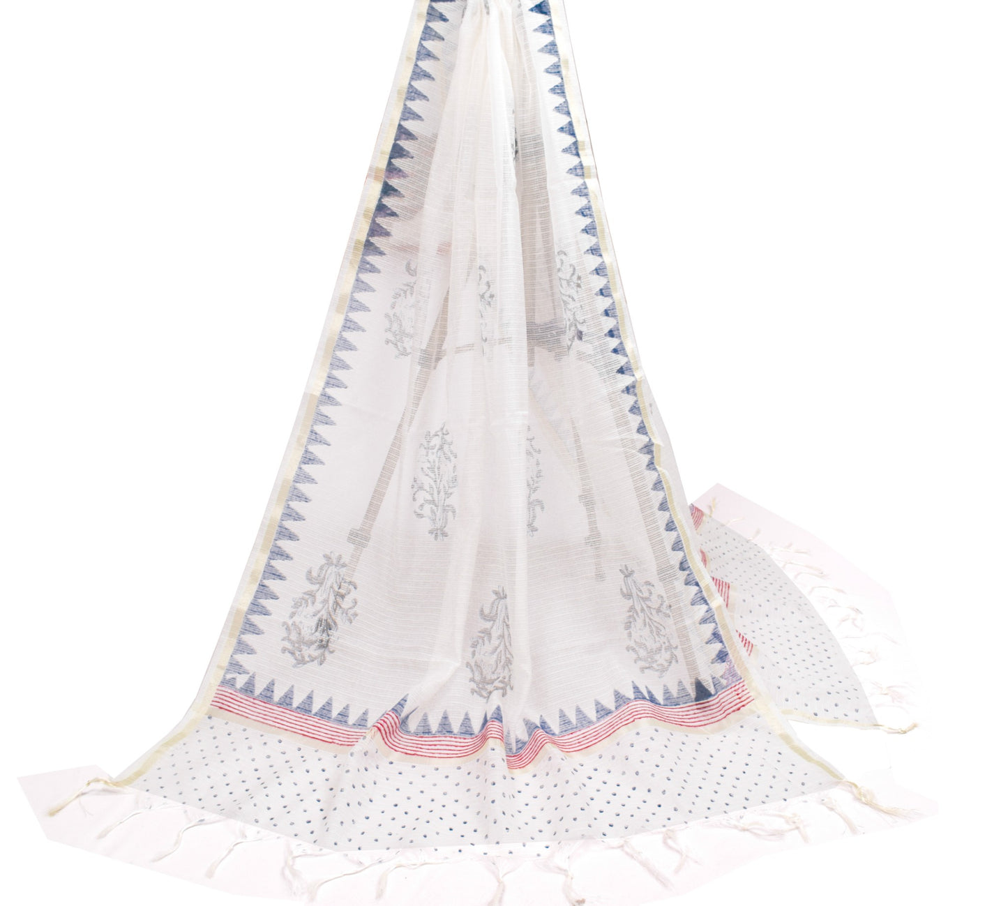 Sushila Vintage White HandBlock Dupatta Floral Kota Doria Cotton Silk Long Stole