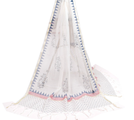 Sushila Vintage White HandBlock Dupatta Floral Kota Doria Cotton Silk Long Stole