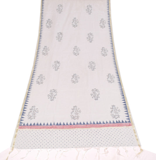 Sushila Vintage White HandBlock Dupatta Floral Kota Doria Cotton Silk Long Stole