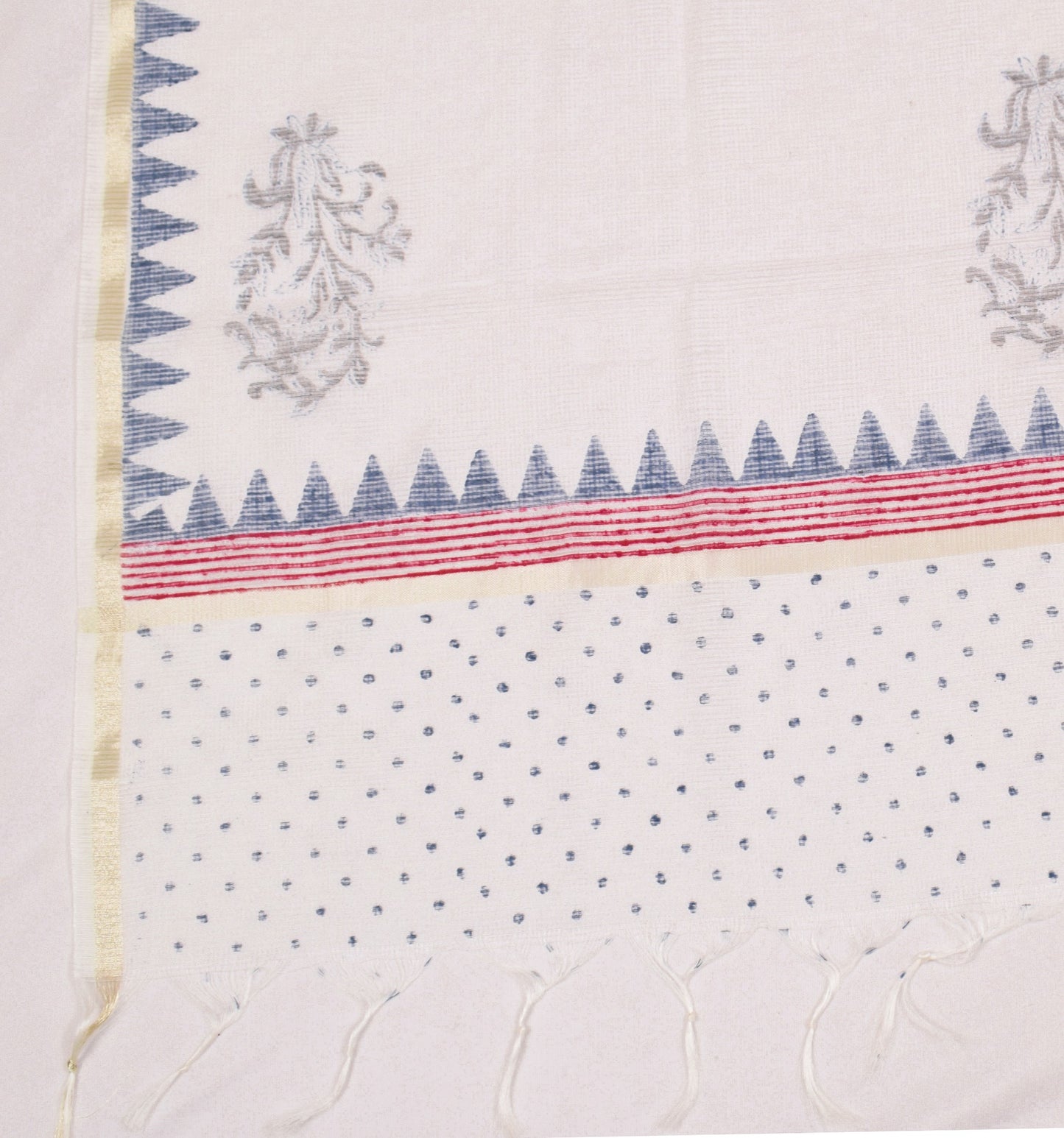 Sushila Vintage White HandBlock Dupatta Floral Kota Doria Cotton Silk Long Stole