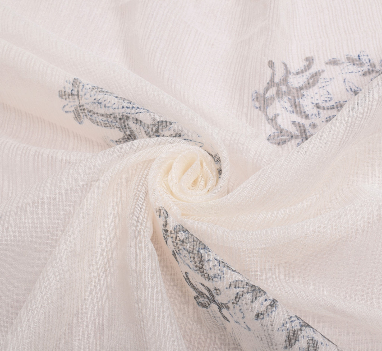 Sushila Vintage White HandBlock Dupatta Floral Kota Doria Cotton Silk Long Stole