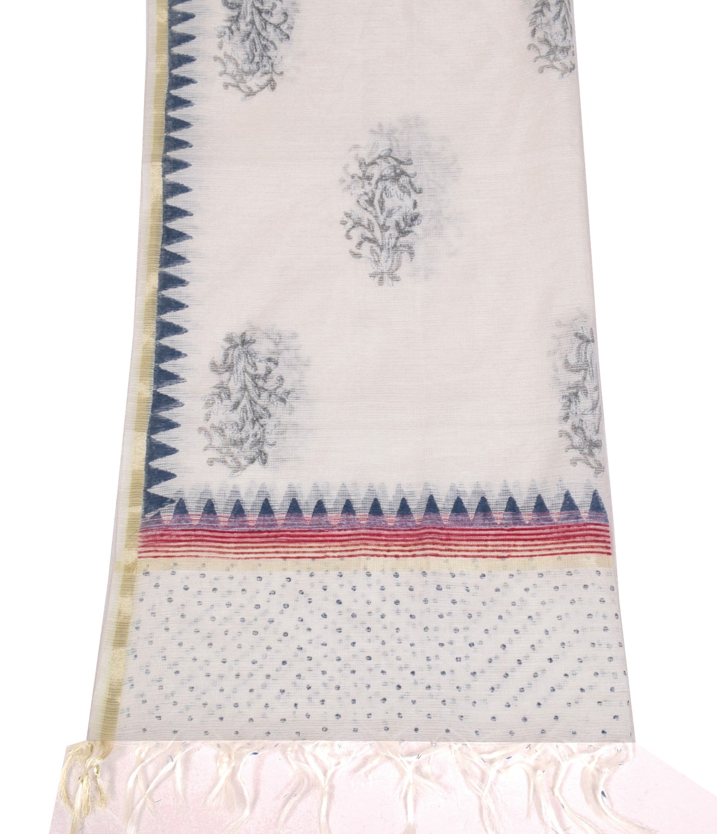 Sushila Vintage White HandBlock Dupatta Floral Kota Doria Cotton Silk Long Stole