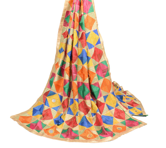 Sushila Vintage Art Phulkari Heavy Dupatta Art Silk Multi-Color Long Stole Wrap