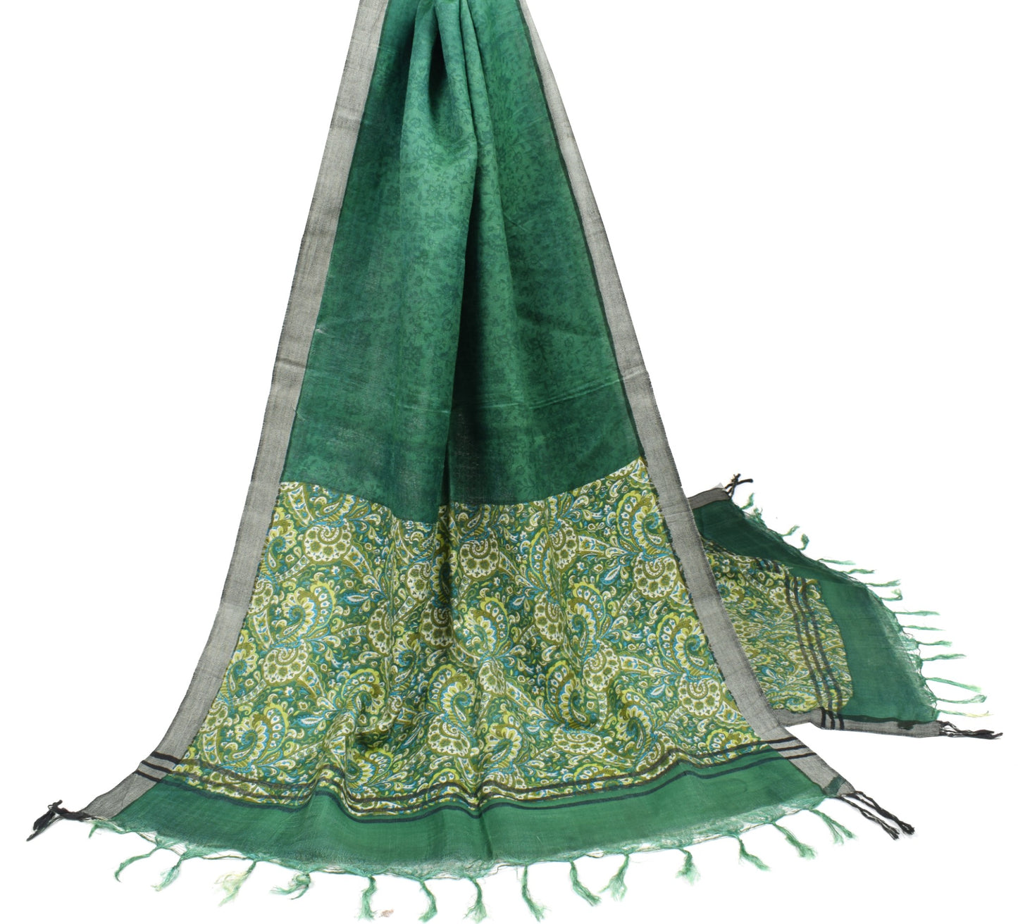 Sushila Vintage Green Floral Dupatta Pure Wolen Hand Block Printed Long Stole