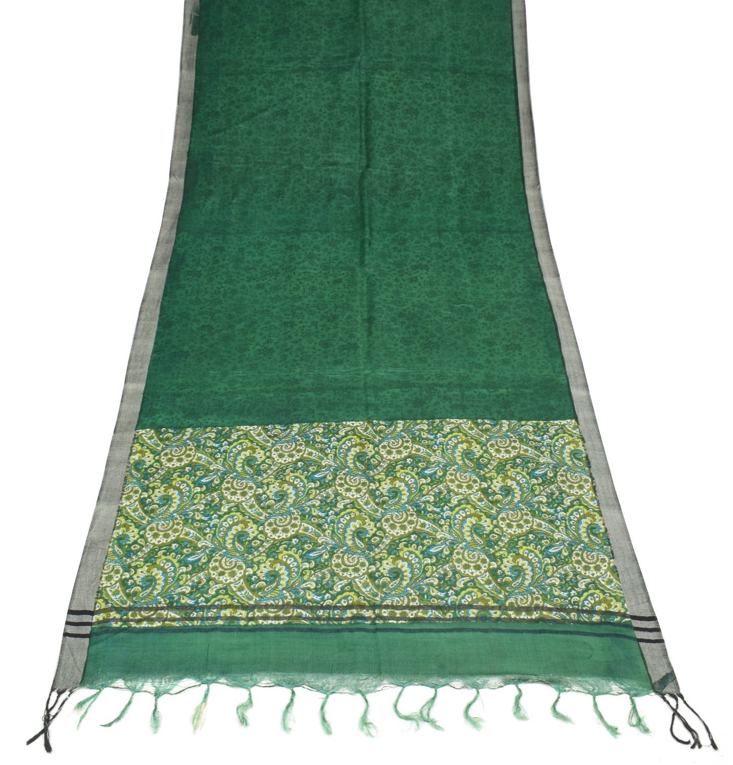 Sushila Vintage Green Floral Dupatta Pure Wolen Hand Block Printed Long Stole