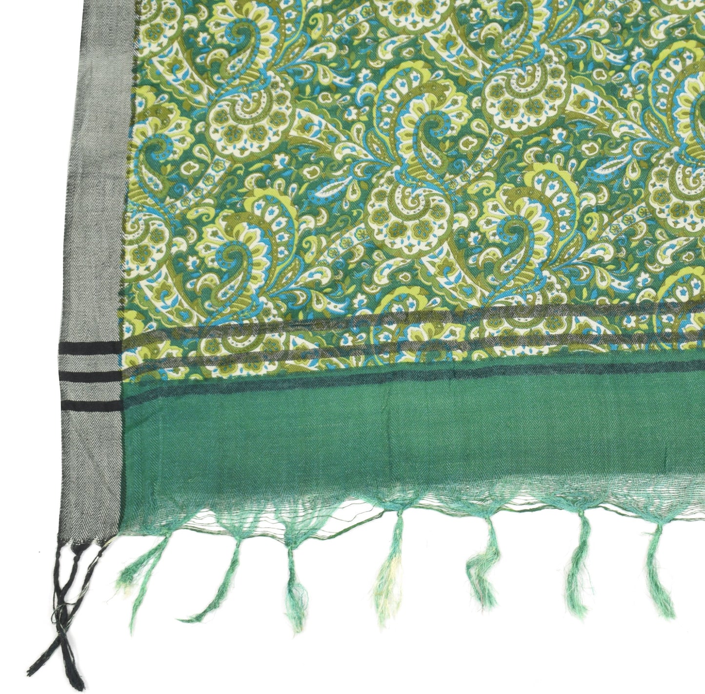 Sushila Vintage Green Floral Dupatta Pure Wolen Hand Block Printed Long Stole