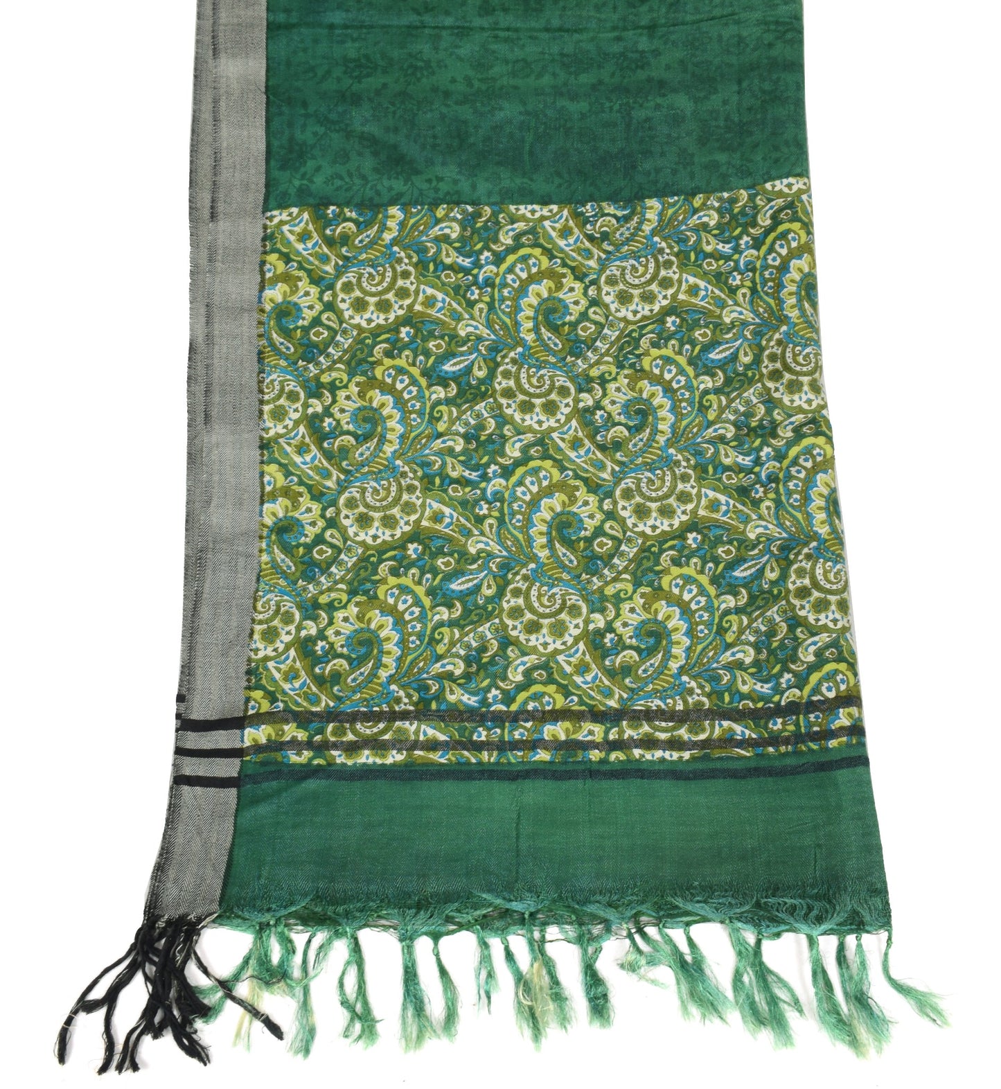 Sushila Vintage Green Floral Dupatta Pure Wolen Hand Block Printed Long Stole