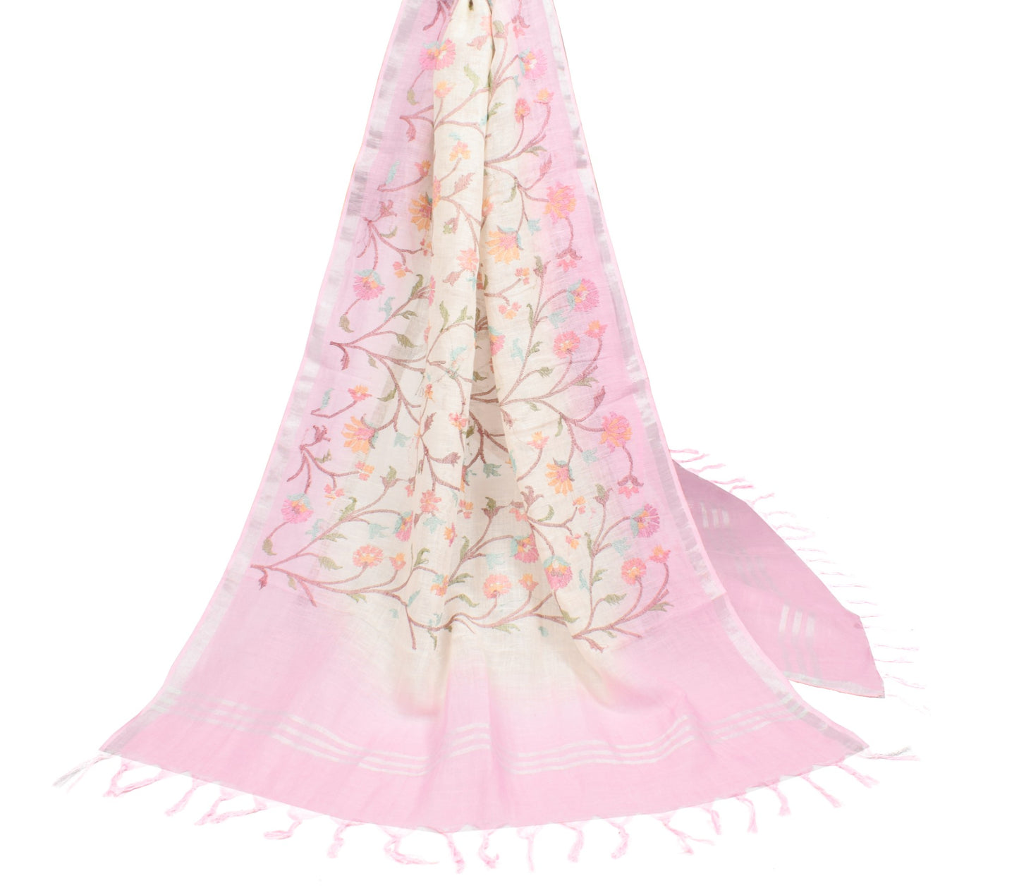 Sushila Vintage Cream 100%Pure Linen Dupatta Floral Embroidered Woven Long Stole