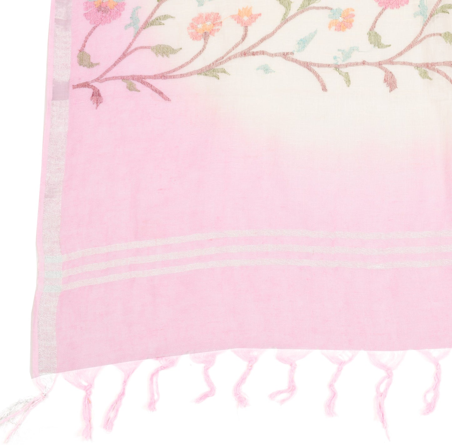 Sushila Vintage Cream 100%Pure Linen Dupatta Floral Embroidered Woven Long Stole