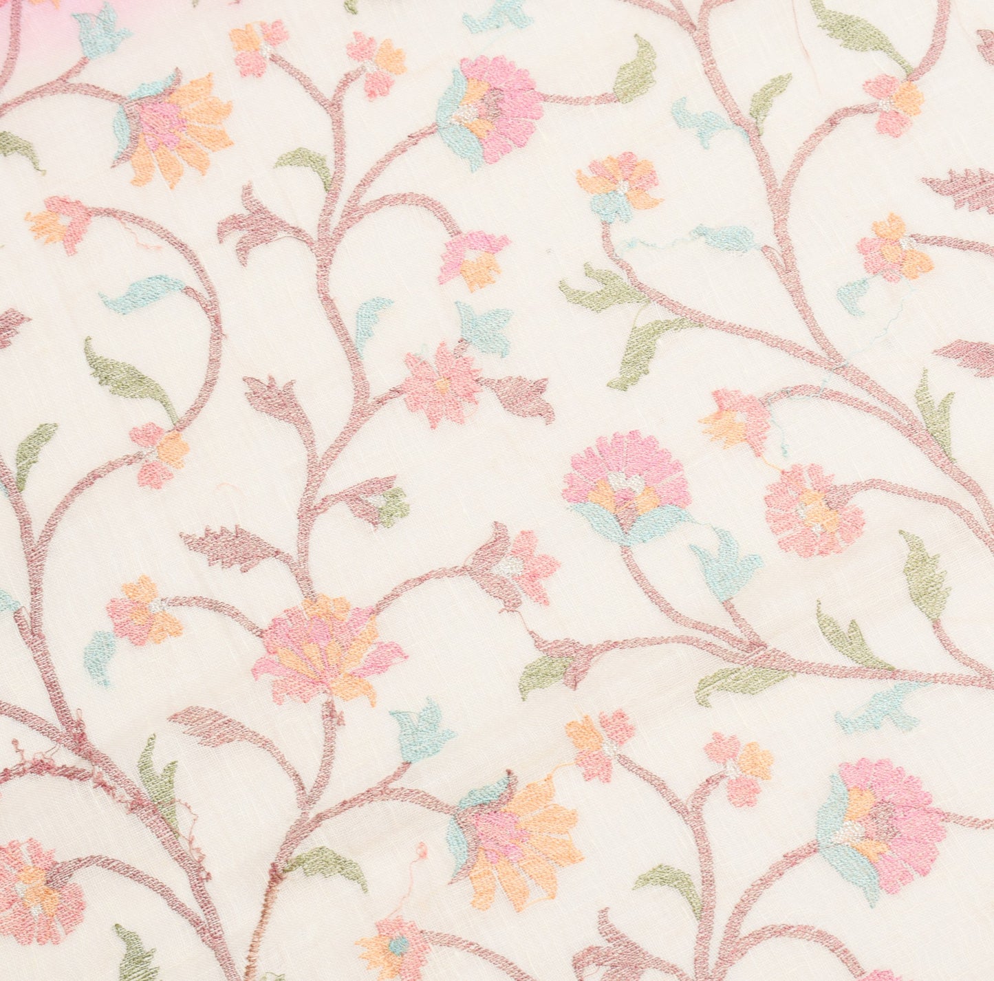 Sushila Vintage Cream 100%Pure Linen Dupatta Floral Embroidered Woven Long Stole