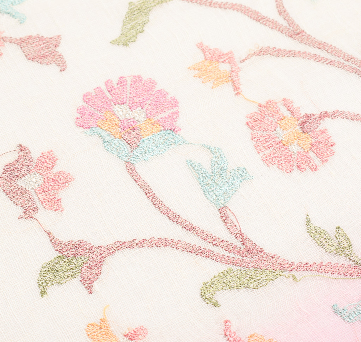 Sushila Vintage Cream 100%Pure Linen Dupatta Floral Embroidered Woven Long Stole