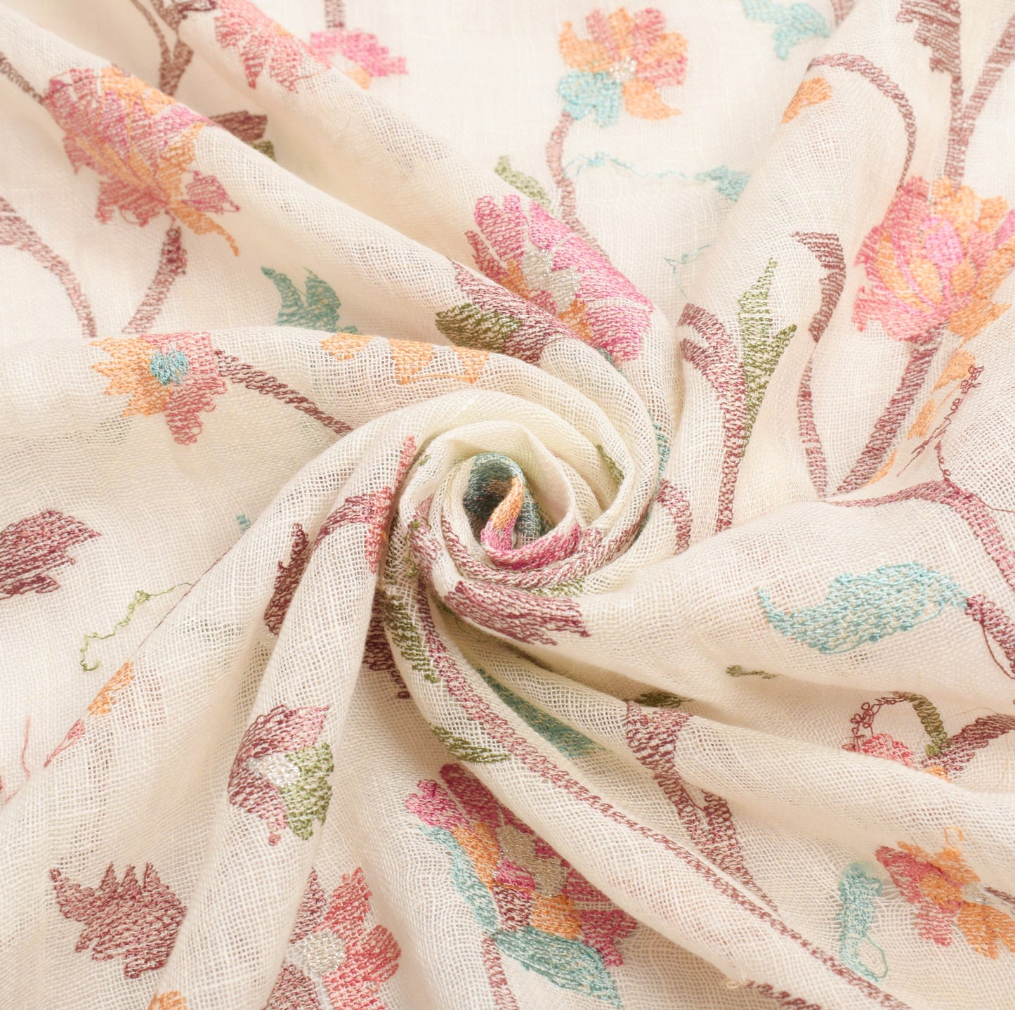 Sushila Vintage Cream 100%Pure Linen Dupatta Floral Embroidered Woven Long Stole