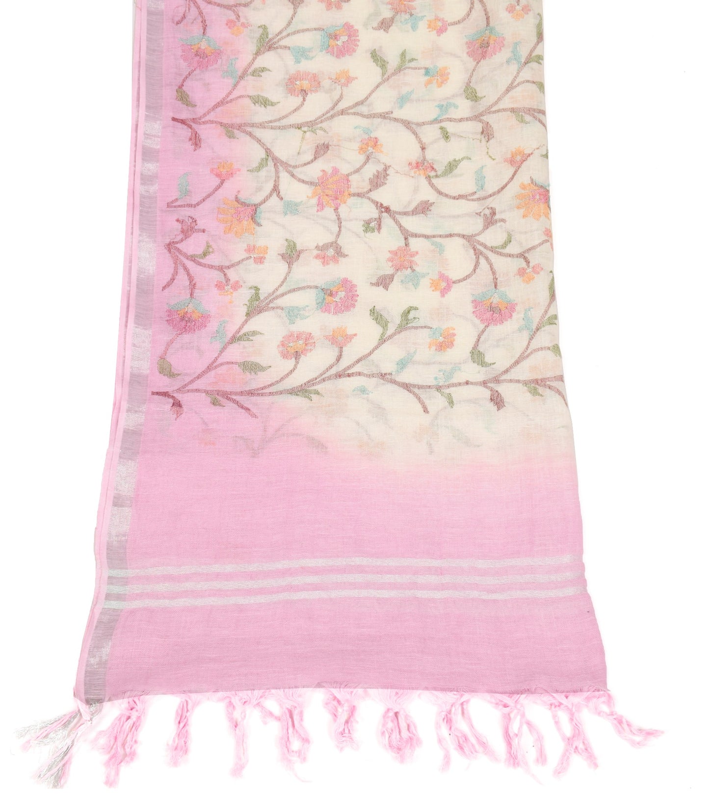 Sushila Vintage Cream 100%Pure Linen Dupatta Floral Embroidered Woven Long Stole