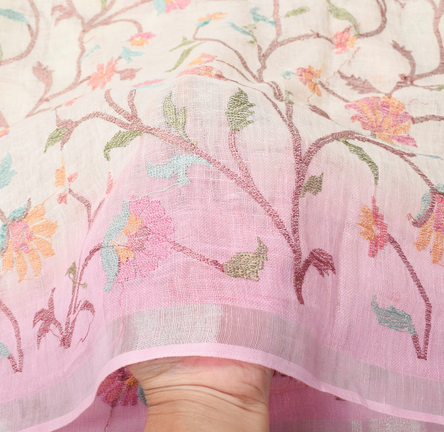 Sushila Vintage Cream 100%Pure Linen Dupatta Floral Embroidered Woven Long Stole