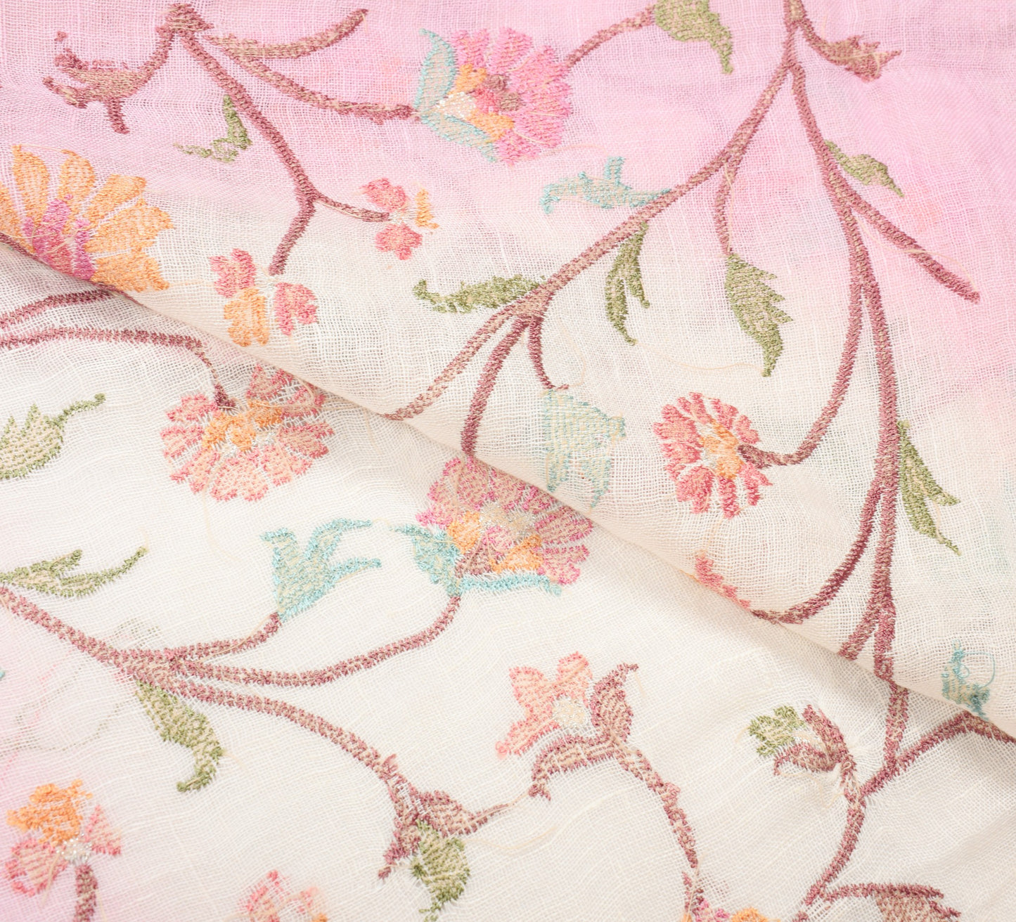 Sushila Vintage Cream 100%Pure Linen Dupatta Floral Embroidered Woven Long Stole