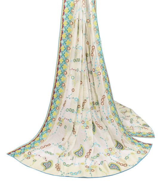 Sushila Vintage White Floral Dupatta Pure Chiffon Embroidered Indian Long Stole