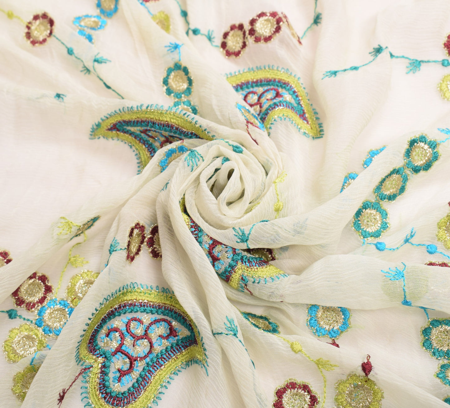 Sushila Vintage White Floral Dupatta Pure Chiffon Embroidered Indian Long Stole