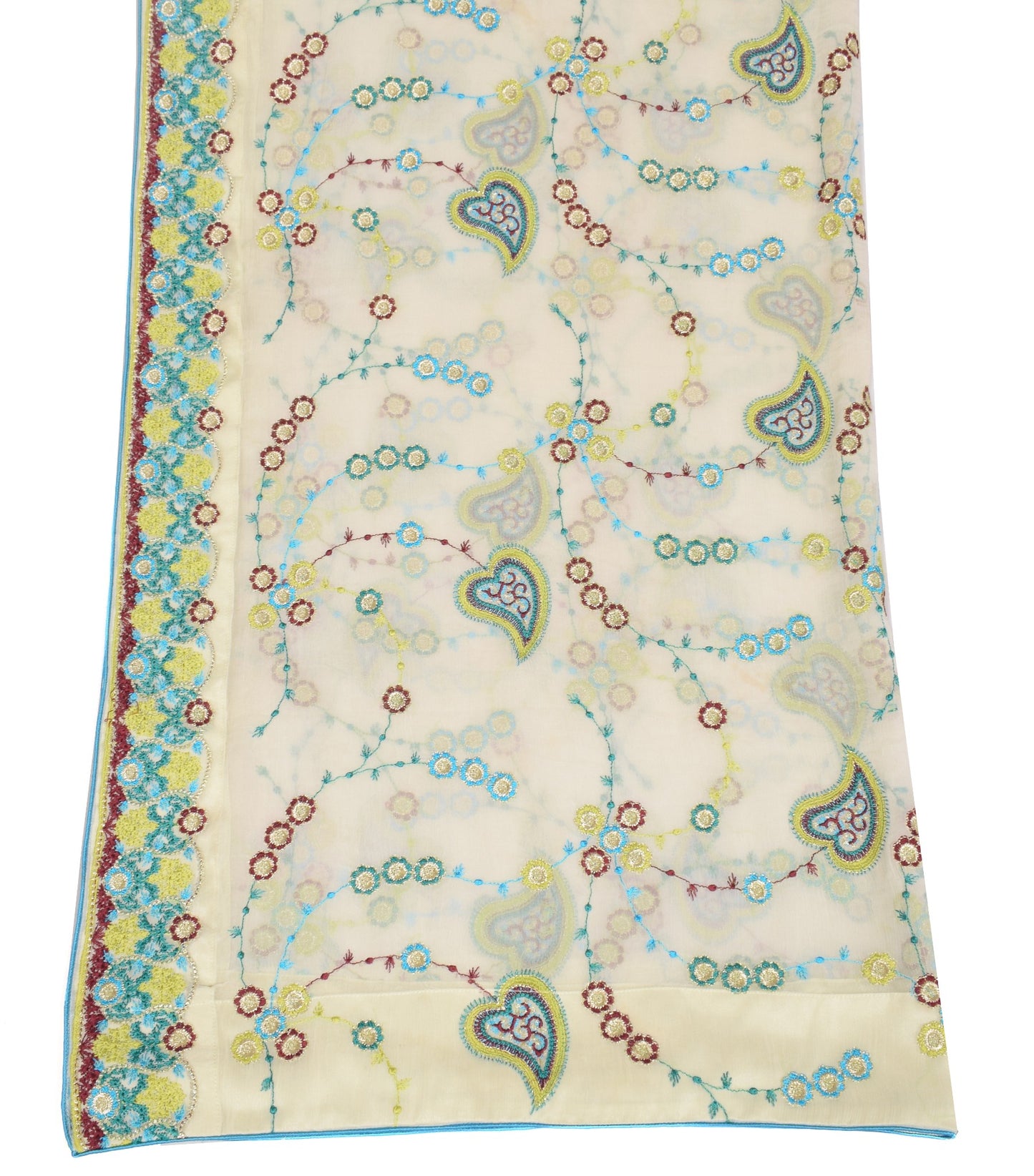 Sushila Vintage White Floral Dupatta Pure Chiffon Embroidered Indian Long Stole