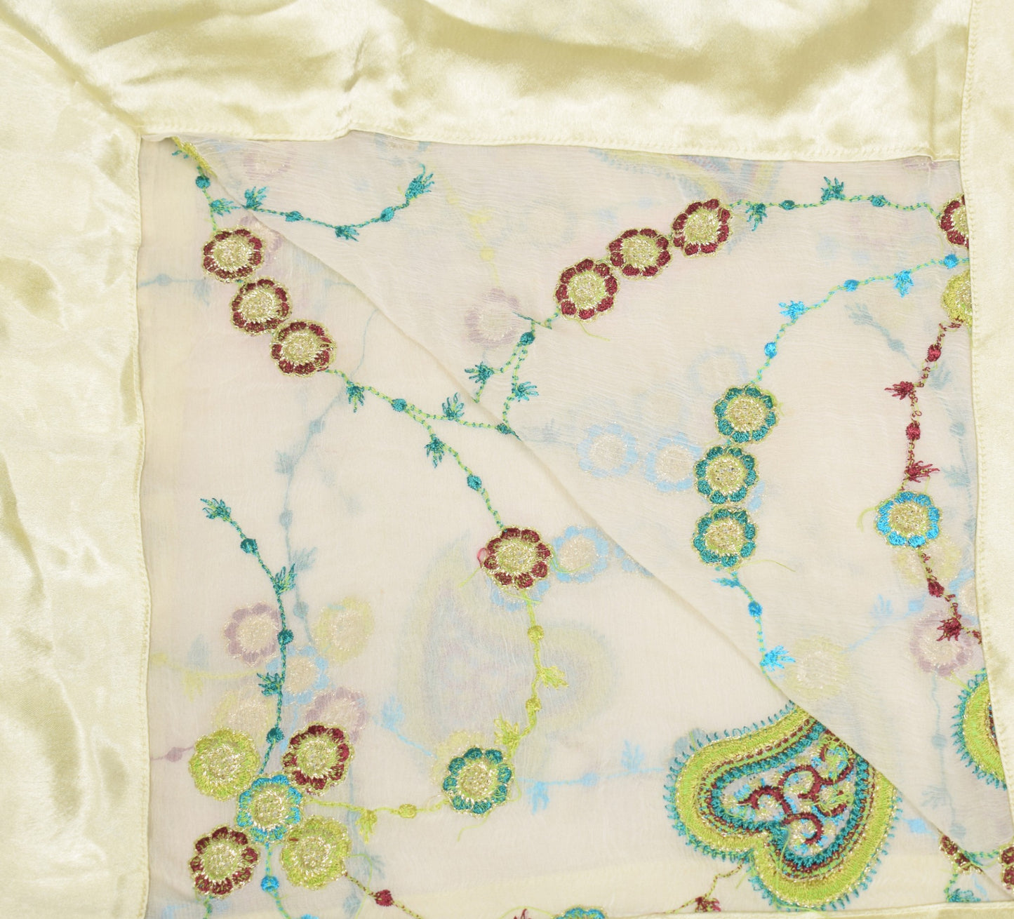 Sushila Vintage White Floral Dupatta Pure Chiffon Embroidered Indian Long Stole
