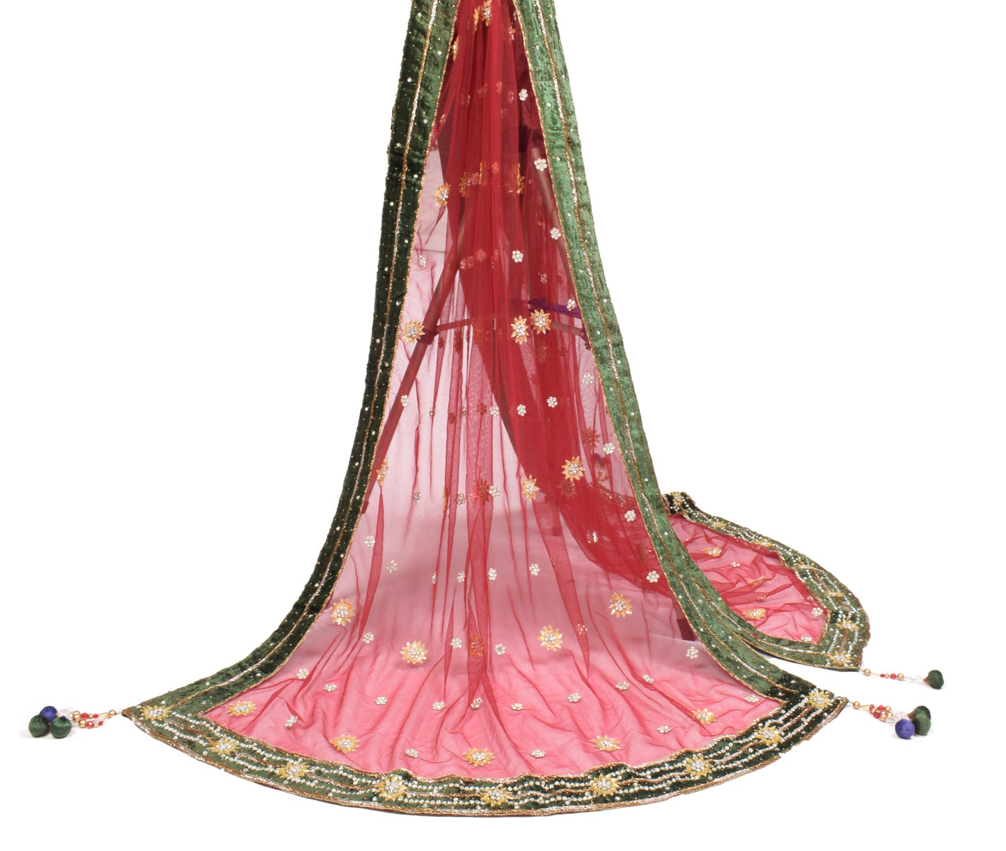 Sushila Vintage Maroon Dupatta Green Velvet Border Hand Beaded Net Long Stole