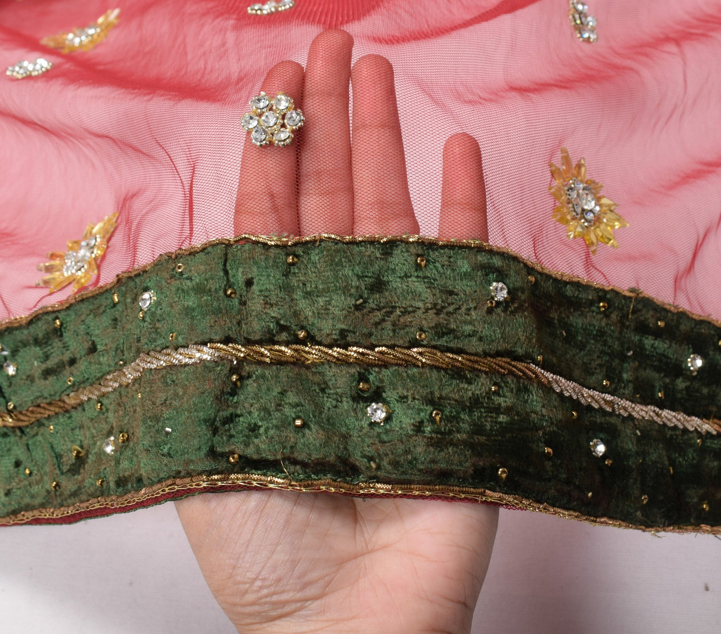 Sushila Vintage Maroon Dupatta Green Velvet Border Hand Beaded Net Long Stole