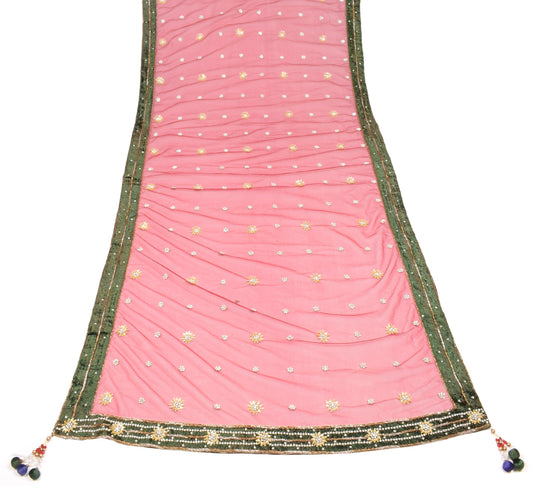Sushila Vintage Maroon Dupatta Green Velvet Border Hand Beaded Net Long Stole