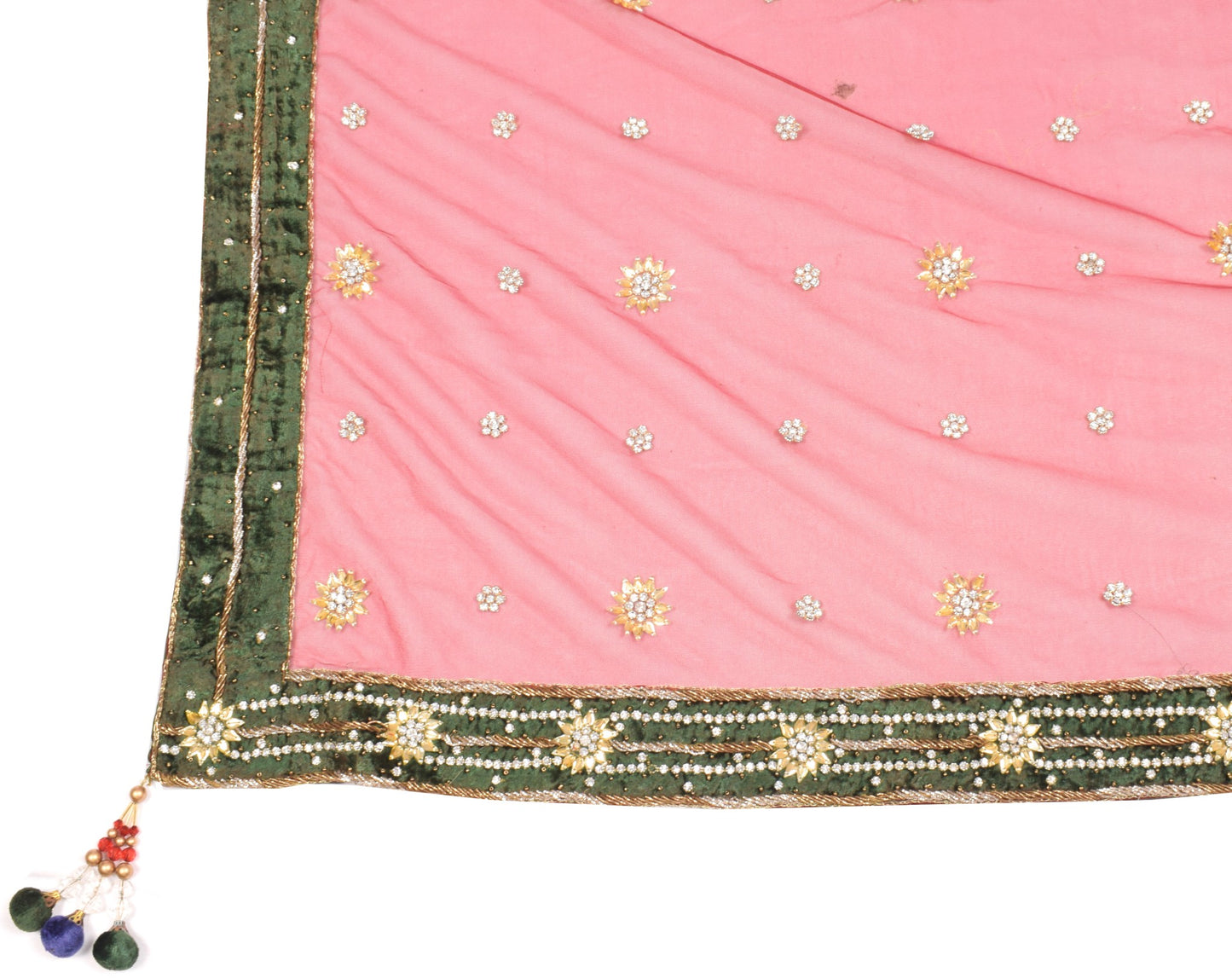 Sushila Vintage Maroon Dupatta Green Velvet Border Hand Beaded Net Long Stole