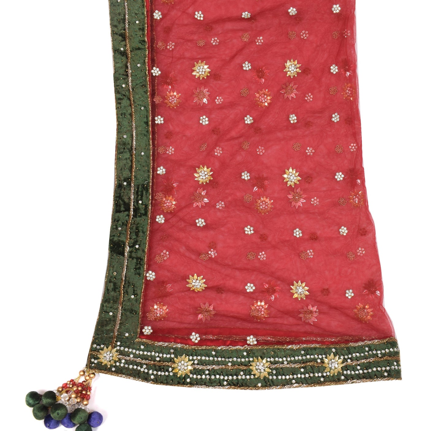 Sushila Vintage Maroon Dupatta Green Velvet Border Hand Beaded Net Long Stole
