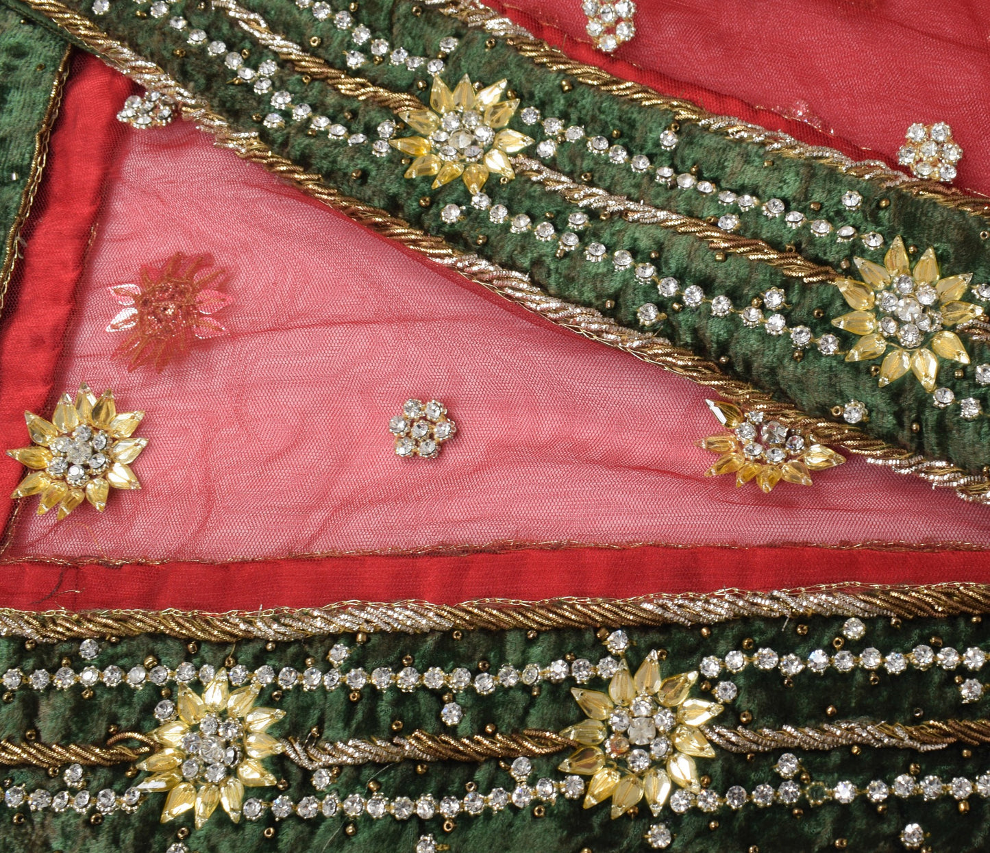 Sushila Vintage Maroon Dupatta Green Velvet Border Hand Beaded Net Long Stole