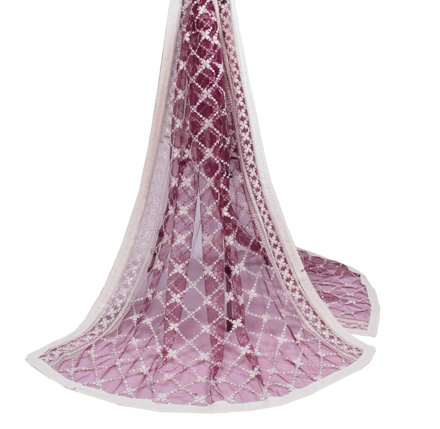 Sushila Vintage Floral Zaal Dupatta Net Mesh Wine Embroidered Ethnic Long Stole