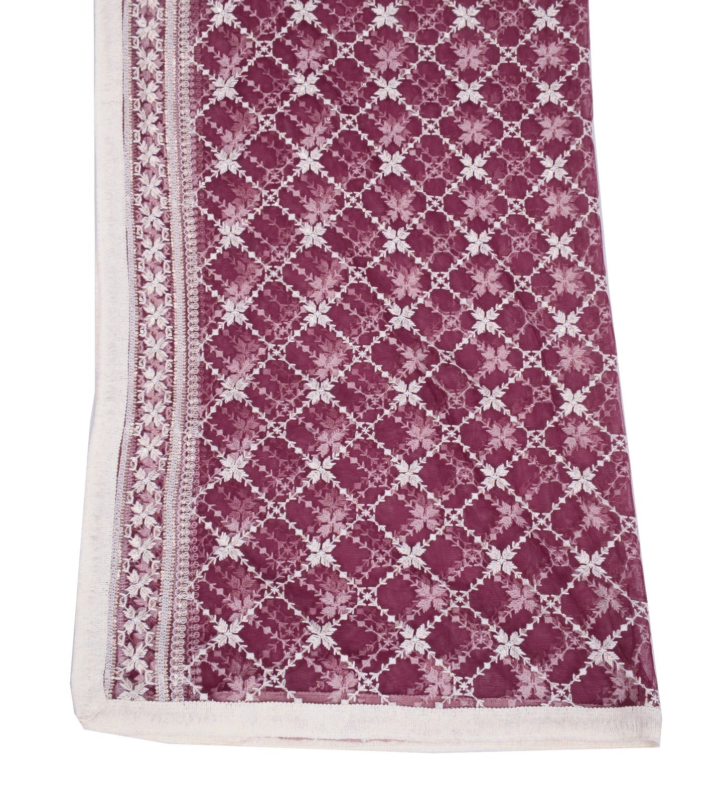 Sushila Vintage Floral Zaal Dupatta Net Mesh Wine Embroidered Ethnic Long Stole