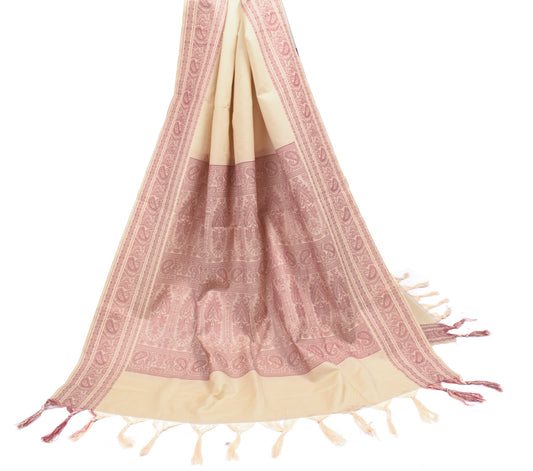 Sushila Vintage Light Brown Dupatta Art Cotton Woven Paisley Indain Long Stole